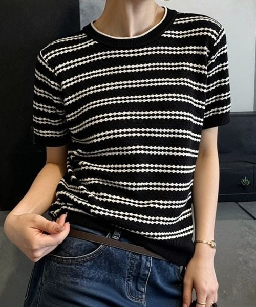 Beststore（ベストストア）の「サマーニット ボーダー柄 トップス 半袖プルオーバー カットソー レディース 春夏秋 きれいめ オフィスカジュアル（ニット/セーター・レディース・ブラック/ベージュ/カーキ・FREE）」の7枚目の写真