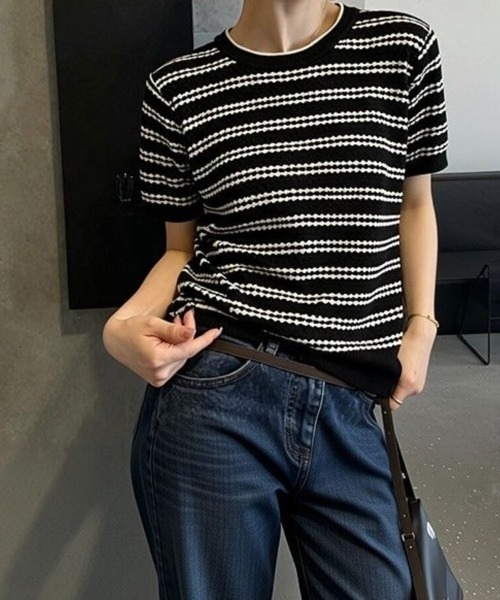 Beststore（ベストストア）の「サマーニット ボーダー柄 トップス 半袖プルオーバー カットソー レディース 春夏秋 きれいめ オフィスカジュアル（ニット/セーター・レディース・ブラック/ベージュ/カーキ・FREE）」の8枚目の写真