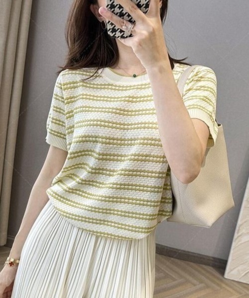 Beststore（ベストストア）の「サマーニット ボーダー柄 トップス 半袖プルオーバー カットソー レディース 春夏秋 きれいめ オフィスカジュアル（ニット/セーター・レディース・ブラック/ベージュ/カーキ・FREE）」の9枚目の写真