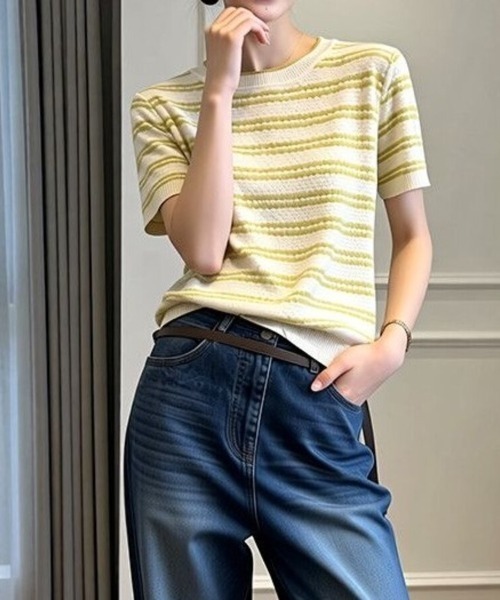 Beststore（ベストストア）の「サマーニット ボーダー柄 トップス 半袖プルオーバー カットソー レディース 春夏秋 きれいめ オフィスカジュアル（ニット/セーター・レディース・ブラック/ベージュ/カーキ・FREE）」の10枚目の写真