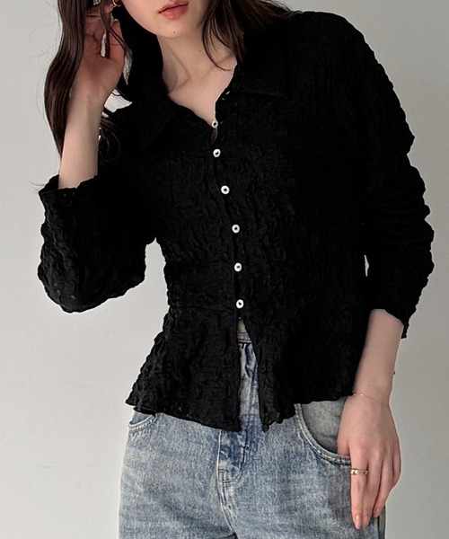 junoah(ジュノア)の「シャーリングペプラムポロトップス(Tシャツ/カットソー・レディース・ホワイト/ブラック/ミント・SMALL/LARGE/MEDIUM)」の1枚目の写真