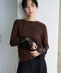 限定展開　フレア 袖 レース ドッキング ロングスリーブ Tシャツ