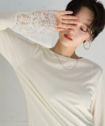 限定展開 フレア 袖 レース ドッキング ロングスリーブ Tシャツ