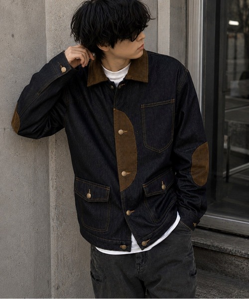 Bling Leads(ブリングリーズ)の「【Bls】 【ZM】【Bling Leads】アームパッチ コーデュロイMIX デニムJKT(デニムジャケット・メンズ・ブラック・LARGE/MEDIUM)」の1枚目の写真
