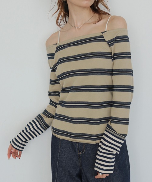 CLEIO(クレイオ)の「【CLEIO】オフショルボーダーTシャツ OFF-SHOULDER BORDER T-SHIRT(Tシャツ/カットソー・レディース・アイボリー/オフホワイト/ベージュ・FREE)」の1枚目の写真