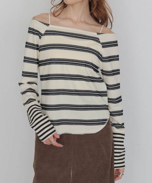 CLEIO(クレイオ)の「【CLEIO】オフショルボーダーTシャツ OFF-SHOULDER BORDER T-SHIRT(Tシャツ/カットソー・レディース・アイボリー/オフホワイト/ベージュ・FREE)」の2枚目の写真