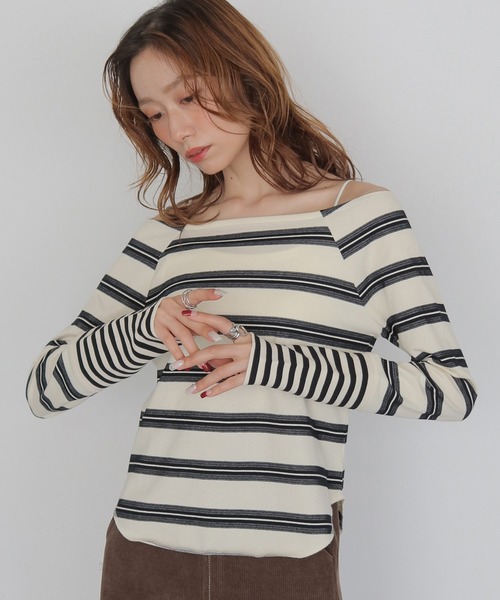 CLEIO(クレイオ)の「【CLEIO】オフショルボーダーTシャツ OFF-SHOULDER BORDER T-SHIRT(Tシャツ/カットソー・レディース・アイボリー/オフホワイト/ベージュ・FREE)」の6枚目の写真