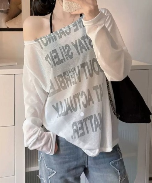 SHEPP(シープ)の「【26年秋冬新作】アソート柄 シアー ワンショルダー ロンT / スターモチーフ フロント ロゴ(Tシャツ/カットソー・レディース・ピンク/グリーン/ホワイト/ブルー・F)」の2枚目の写真