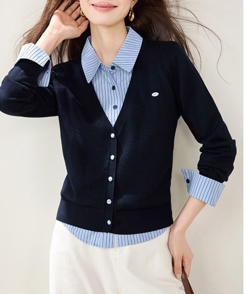 ONEP STAR(ワンピスター)の「Vネックカーディガン風ストライプドッキングトップス(シャツ/ブラウス・レディース・ネイビー・X-LARGE/LARGE/MEDIUM/SMALL)」の5枚目の写真