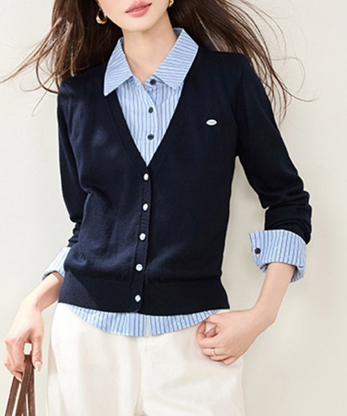 ONEP STAR(ワンピスター)の「Vネックカーディガン風ストライプドッキングトップス(シャツ/ブラウス・レディース・ネイビー・X-LARGE/LARGE/MEDIUM/SMALL)」の6枚目の写真