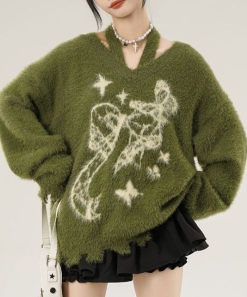 AVYL(アヴィル)の「ホルターネック付リボンバタフライ柄シャギーダメージニット(ニット/セーター・レディース・ホワイト/グリーン/ブラック・M)」の1枚目の写真
