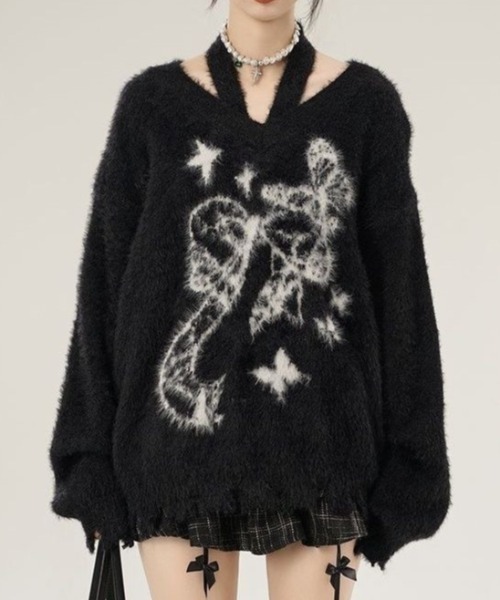 AVYL(アヴィル)の「ホルターネック付リボンバタフライ柄シャギーダメージニット(ニット/セーター・レディース・ホワイト/グリーン/ブラック・M)」の3枚目の写真