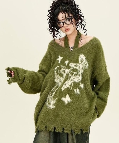 AVYL(アヴィル)の「ホルターネック付リボンバタフライ柄シャギーダメージニット(ニット/セーター・レディース・ホワイト/グリーン/ブラック・M)」の4枚目の写真