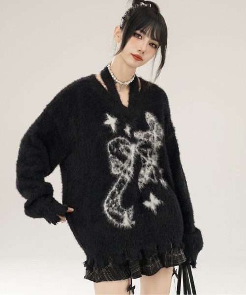 AVYL(アヴィル)の「ホルターネック付リボンバタフライ柄シャギーダメージニット(ニット/セーター・レディース・ホワイト/グリーン/ブラック・M)」の16枚目の写真