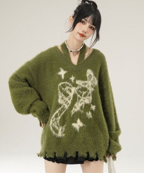 AVYL(アヴィル)の「ホルターネック付リボンバタフライ柄シャギーダメージニット(ニット/セーター・レディース・ホワイト/グリーン/ブラック・M)」の13枚目の写真