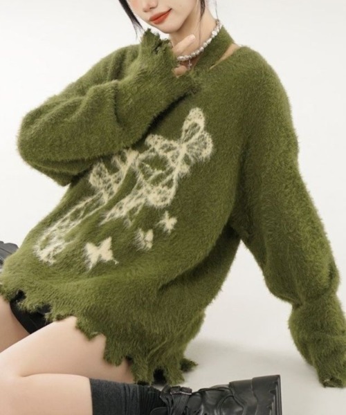 AVYL(アヴィル)の「ホルターネック付リボンバタフライ柄シャギーダメージニット(ニット/セーター・レディース・ホワイト/グリーン/ブラック・M)」の12枚目の写真