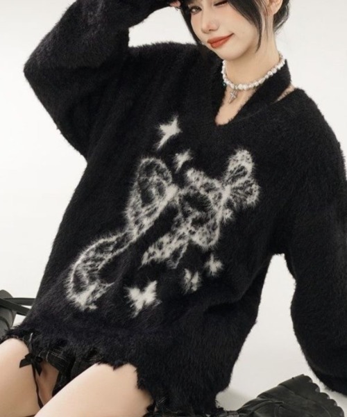 AVYL(アヴィル)の「ホルターネック付リボンバタフライ柄シャギーダメージニット(ニット/セーター・レディース・ホワイト/グリーン/ブラック・M)」の17枚目の写真