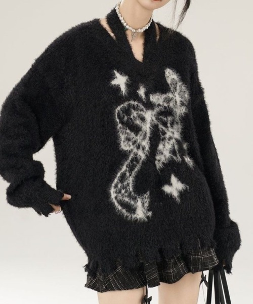 AVYL(アヴィル)の「ホルターネック付リボンバタフライ柄シャギーダメージニット(ニット/セーター・レディース・ホワイト/グリーン/ブラック・M)」の18枚目の写真