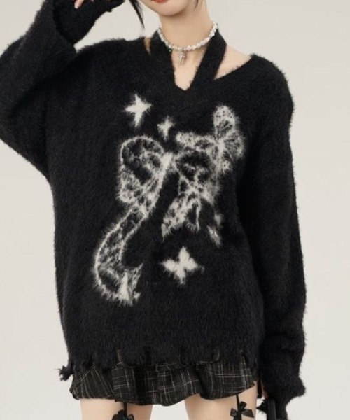 AVYL(アヴィル)の「ホルターネック付リボンバタフライ柄シャギーダメージニット(ニット/セーター・レディース・ホワイト/グリーン/ブラック・M)」の19枚目の写真