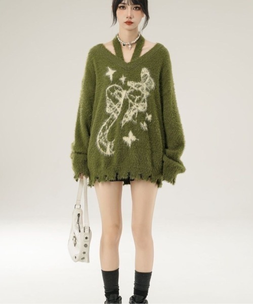 AVYL(アヴィル)の「ホルターネック付リボンバタフライ柄シャギーダメージニット(ニット/セーター・レディース・ホワイト/グリーン/ブラック・M)」の15枚目の写真
