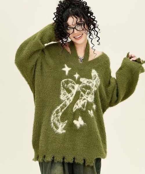 AVYL(アヴィル)の「ホルターネック付リボンバタフライ柄シャギーダメージニット(ニット/セーター・レディース・ホワイト/グリーン/ブラック・M)」の5枚目の写真