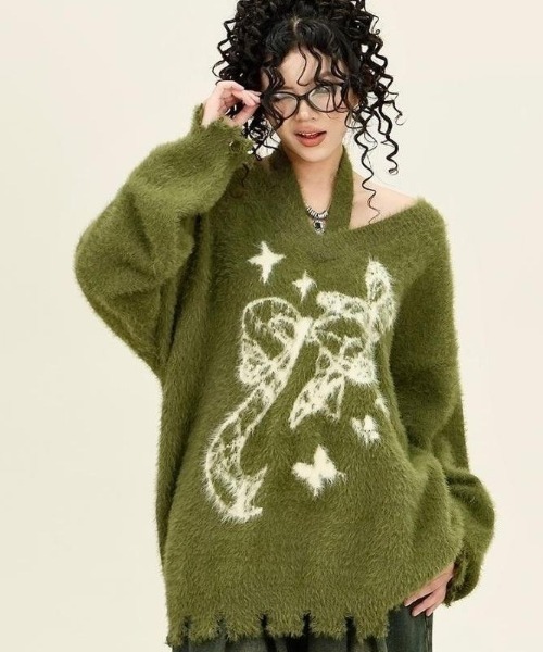 AVYL(アヴィル)の「ホルターネック付リボンバタフライ柄シャギーダメージニット(ニット/セーター・レディース・ホワイト/グリーン/ブラック・M)」の6枚目の写真