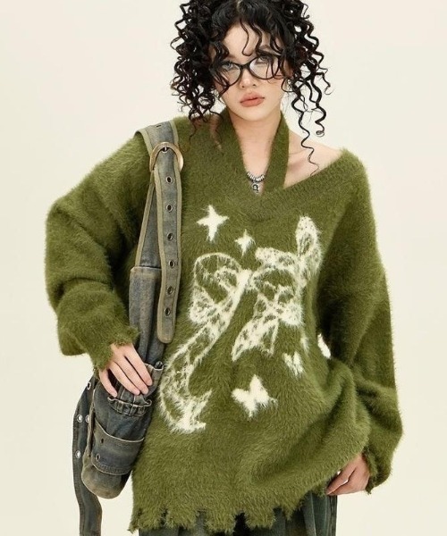 AVYL(アヴィル)の「ホルターネック付リボンバタフライ柄シャギーダメージニット(ニット/セーター・レディース・ホワイト/グリーン/ブラック・M)」の7枚目の写真