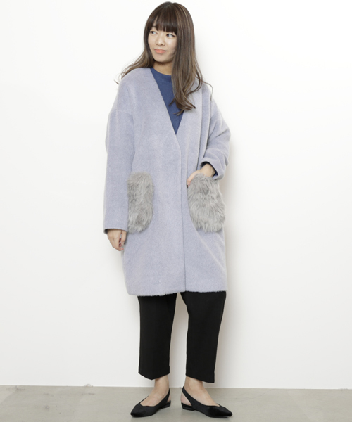 RAY CASSIN（レイカズン）の「ファーポケット付きノーカラーコート（その他アウター・レディース・ベージュ/キャメル/杢グレー・FREE）」の10枚目の写真