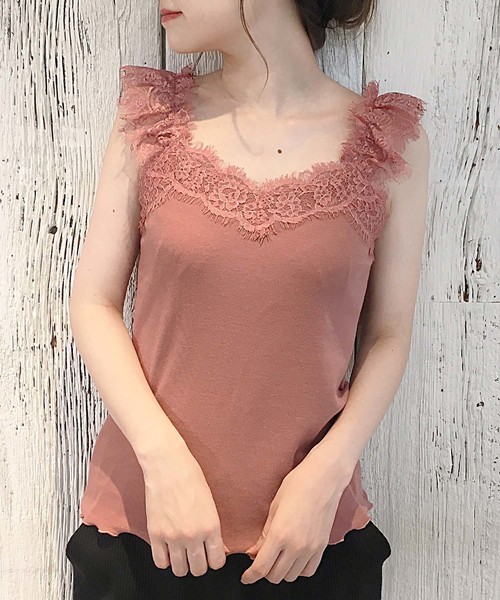 one after another NICE CLAUP（ワンアフターアナザーナイスクラップ）の「レース付き テレコタンクトップ（キャミソール・レディース・オフホワイト/ブラック/カーキ/ピンク系その他・FREE）」の4枚目の写真