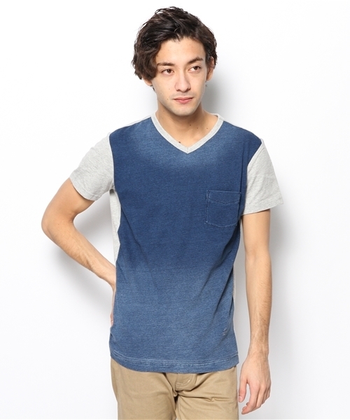 PLST(プラステ)の「Men インディゴコンビ半袖カットソー(Tシャツ/カットソー・メンズ・トップグレー・X-LARGE/SMALL/MEDIUM/LARGE)」の1枚目の写真