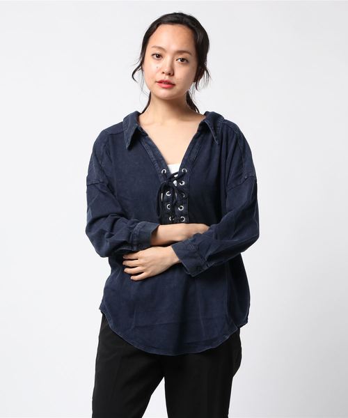 ROGER AND RAW(ロジャーアンドロウ)の「Roger&Raw/編み上げ衿抜きシャツP/O(Tシャツ/カットソー・レディース・ホワイト/ベージュ/カーキ/ネイビー・M)」の10枚目の写真