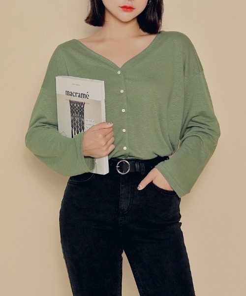 HOTPING（ホッピン）の「HOTPING リネンVネックカーディガン（カーディガン/ボレロ・レディース・ホワイト/ブラック/カーキ/ブラウン・M/S）」の4枚目の写真