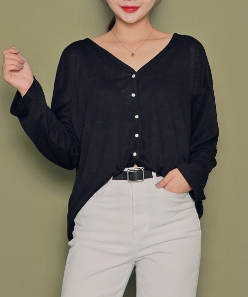 HOTPING（ホッピン）の「HOTPING リネンVネックカーディガン（カーディガン/ボレロ・レディース・ホワイト/ブラック/カーキ/ブラウン・M/S）」の3枚目の写真