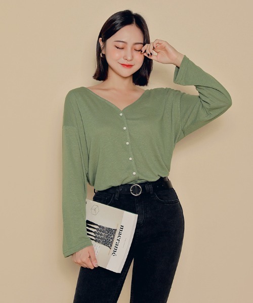 HOTPING（ホッピン）の「HOTPING リネンVネックカーディガン（カーディガン/ボレロ・レディース・ホワイト/ブラック/カーキ/ブラウン・M/S）」の15枚目の写真