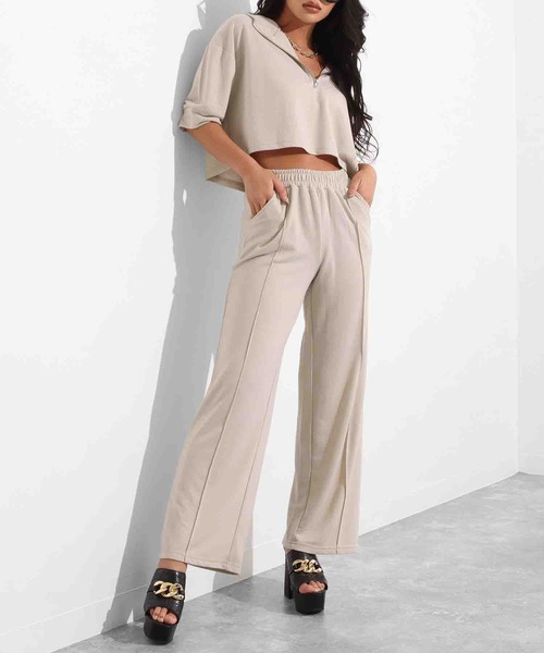 LATINA(ラティーナ)の「フーディートップス×センタープレスセットアップ(パーカー・レディース・グレイッシュベージュ/ブラック・FREE)」の1枚目の写真