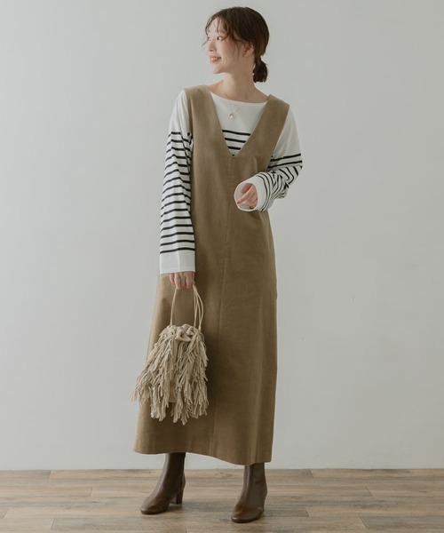 F by ROSSO(エフバイロッソ)の「F by ROSSO コーデュロイジャンパースカート(ワンピース・レディース・ベージュ/ダークブラウン・36/38)」の6枚目の写真