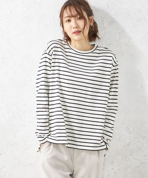 Petit Honfleur(プチオンフルール)の「ボーダー長袖Tシャツ(Tシャツ/カットソー・レディース・グレー/グリーン/アイボリー・M/L)」の2枚目の写真