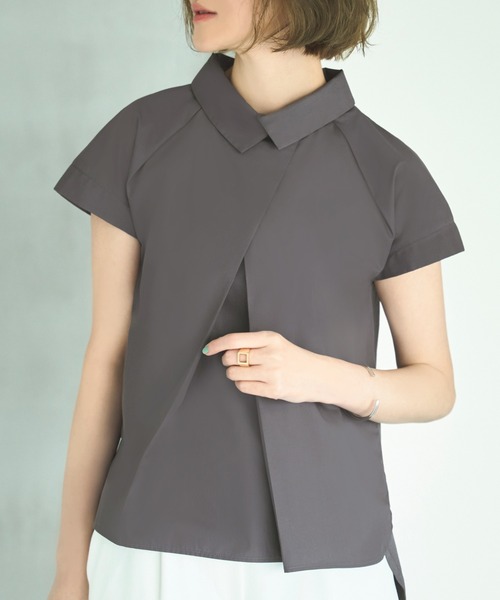 洗える｜シャツカラーデザインTブラウスシャツ｜半袖レギュラーカラートップス体型カバーカットソーオフィスカジュアル通勤服華やかブラウス