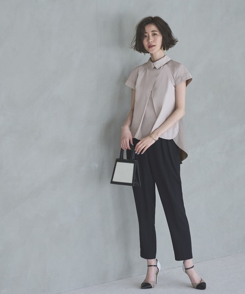 洗える｜シャツカラーデザインTブラウスシャツ｜半袖レギュラーカラートップス体型カバーカットソーオフィスカジュアル通勤服華やかブラウス