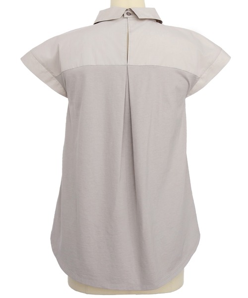 洗える｜シャツカラーデザインTブラウスシャツ｜半袖レギュラーカラートップス体型カバーカットソーオフィスカジュアル通勤服華やかブラウス