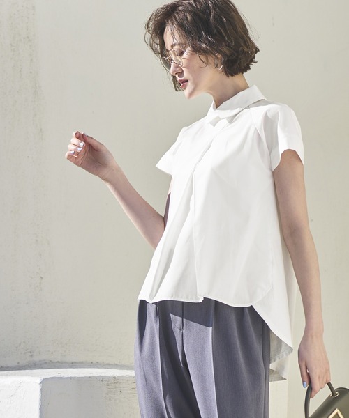 RUIRUE BOUTIQUE（ルイルエブティック）の「洗える ｜ シャツカラーデザインTブラウスシャツ ｜ 半袖 レギュラーカラー トップス 体型カバー カットソー オフィスカジュアル 通勤服 華やか ブラウス（シャツ/ブラウス・レディース・ブラック/オフホワイト/グレイッシュベージュ/ネイビー/スミクロ・LL/3L/S/M/L/4L/5L）」の7枚目の写真