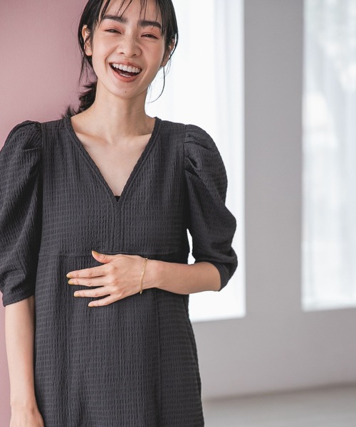 Apart by【e/rm】テクスチャーパフVネックドレス　ワンピース 楽天市場】【SALE／30%OFF】【e/rm】テクスチャーパフVネック