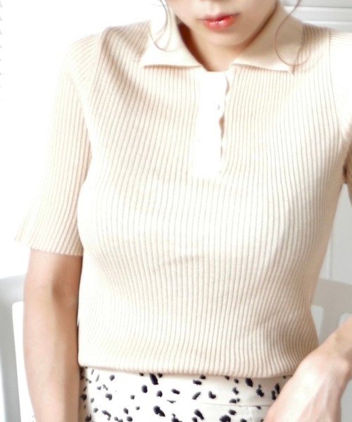 -Myme- Heart be to.（マイミーハートビート）の「polo knit / ポロニット（ニット/セーター・レディース・ベージュ/ホワイト・FREE）」の2枚目の写真