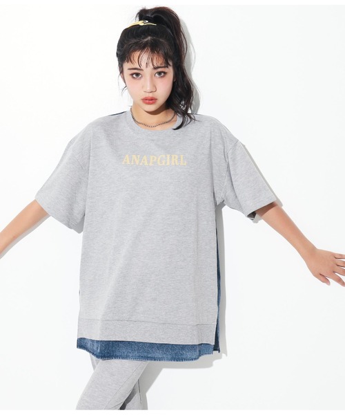 ANAP GiRL(アナップガール)の「デニム切替スウェットオーバートップス(Tシャツ/カットソー・キッズ・スミクロ/ライトグレー・S/M)」の8枚目の写真