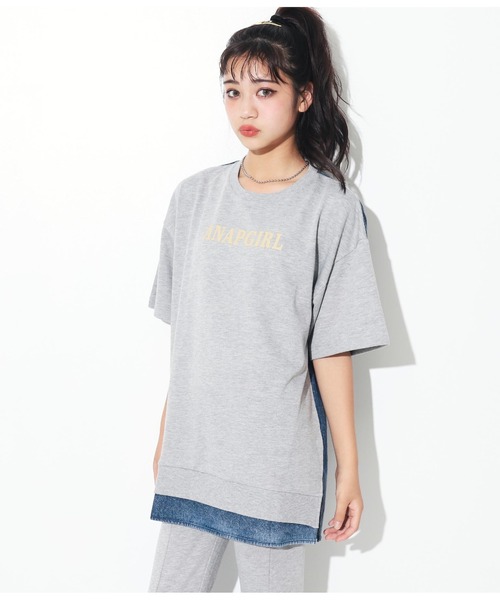 ANAP GiRL(アナップガール)の「デニム切替スウェットオーバートップス(Tシャツ/カットソー・キッズ・スミクロ/ライトグレー・S/M)」の10枚目の写真