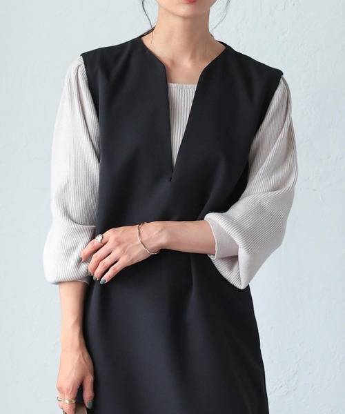 KOBE LETTUCE(コウベレタス)の「ボリュームスリーブスクエアネックもっちりリブニット(ニット/セーター・レディース・ラベンダー/グリーン/オフホワイト/イエロー/グレイッシュベージュ/ブラック/チャコール・FREE)」の5枚目の写真