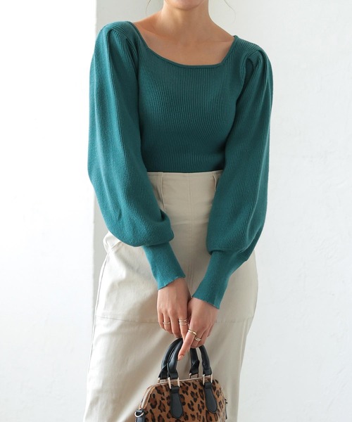 KOBE LETTUCE(コウベレタス)の「ボリュームスリーブスクエアネックもっちりリブニット(ニット/セーター・レディース・ラベンダー/グリーン/オフホワイト/イエロー/グレイッシュベージュ/ブラック/チャコール・FREE)」の6枚目の写真