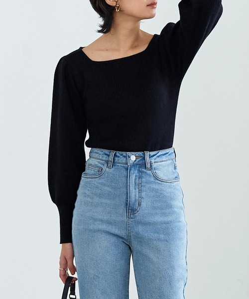 KOBE LETTUCE(コウベレタス)の「ボリュームスリーブスクエアネックもっちりリブニット(ニット/セーター・レディース・ラベンダー/グリーン/オフホワイト/イエロー/グレイッシュベージュ/ブラック/チャコール・FREE)」の13枚目の写真