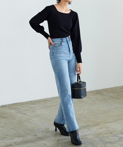 KOBE LETTUCE(コウベレタス)の「ボリュームスリーブスクエアネックもっちりリブニット(ニット/セーター・レディース・ラベンダー/グリーン/オフホワイト/イエロー/グレイッシュベージュ/ブラック/チャコール・FREE)」の15枚目の写真