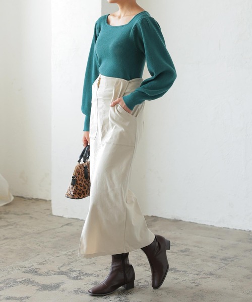 KOBE LETTUCE(コウベレタス)の「ボリュームスリーブスクエアネックもっちりリブニット(ニット/セーター・レディース・ラベンダー/グリーン/オフホワイト/イエロー/グレイッシュベージュ/ブラック/チャコール・FREE)」の10枚目の写真